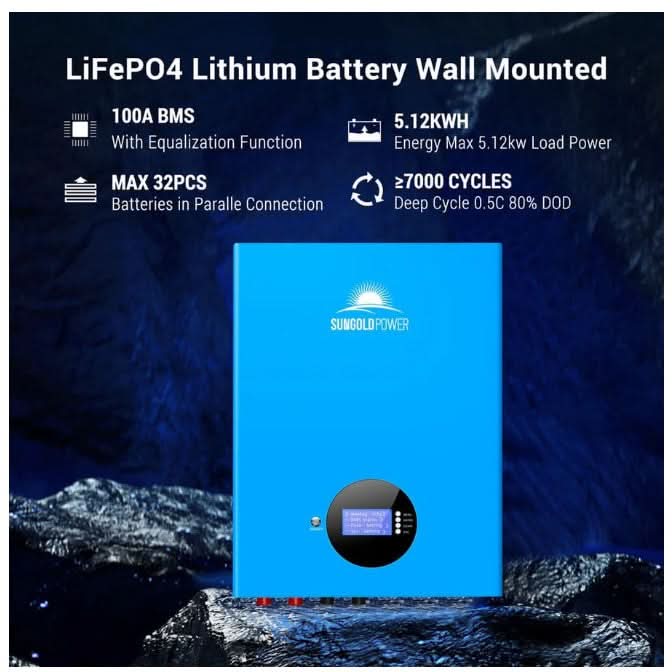 SunGold Power 2 × 5.12 kWh Powerwall LiFePO₄ Lithium Battery – SG48100M UL1973 (10.24 kWh Total)