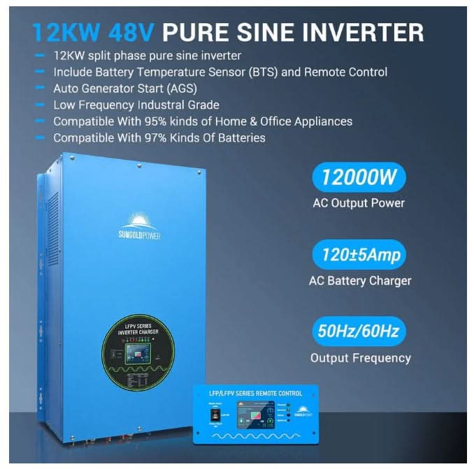 Off-Grid Solar Kit 12000W 48VDC 120V/240V LifePo4 25.6KWH Lithium Battery 12 X 415 Watts Solar Panels SGR-12K20E
