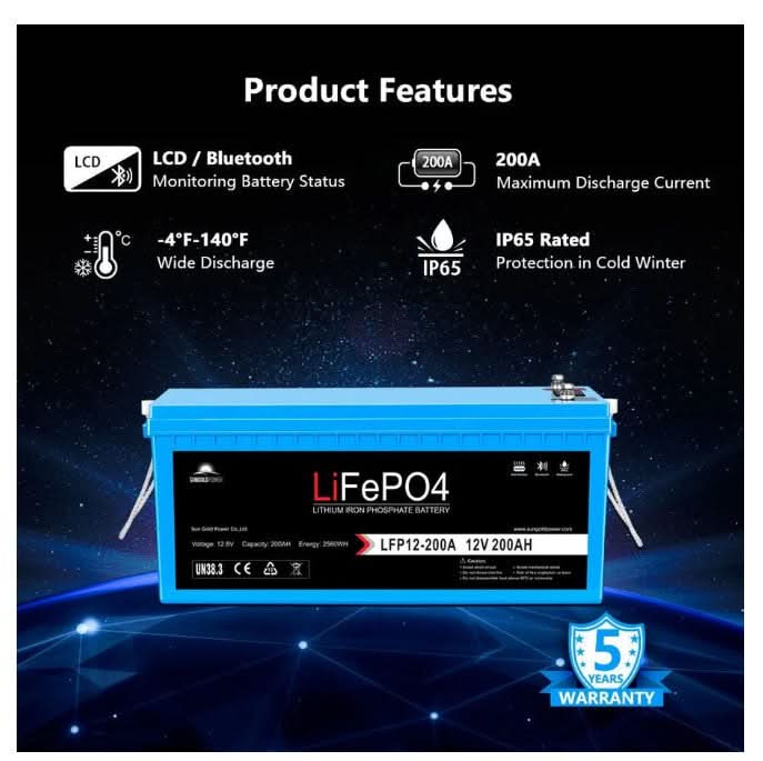 SunGold Power LiFePO₄ 4 × 12 V 200 Ah Lithium Battery Set | Bluetooth, Self‑Heating, IP65 (10.24 kWh)